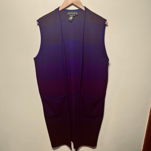 VTG Andrea Jovine Sweater Purple Hombre Maxi Wool Duster Vest Pockets Open M - Picture 1 of 10